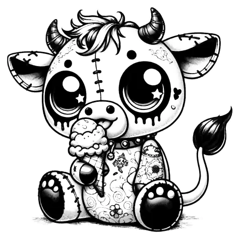 Adorable young cow with horns and tattoos eating an ice cream cone.