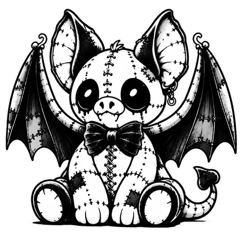 Stitched bat gargoyle with a bowtie.