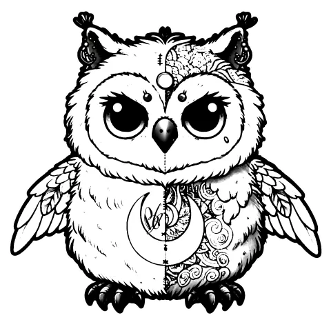 Owl with a moon on it's belly. Half light and half dark but you can decide that when you color it.