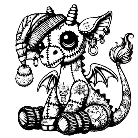 Giraffe Gargoyle with a long beanie and socks, tattoos and piercings.