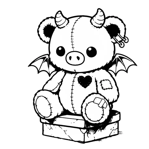 A simple illustration of a stuffed teddy bear gargoyle, beargoyle, sitting on a stone slab. He has a heart tattoo, a patched arm and a bandaged foot, wings, horns and a devil tail. He also has a pig nose.
