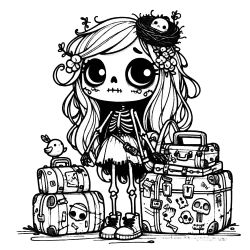 Skellie traveler with luggage, and a bird nest in her long hair.
