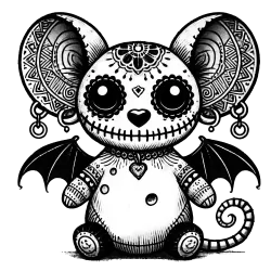 Tattooed mouse gargoyle with a stitched smile and swiss cheese holes on his belly. 