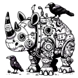 Robotic rhino and friend black birds in color
