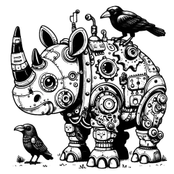 Robotic rhino with black bird friends