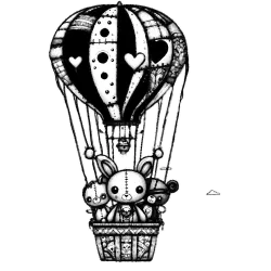 Stuffed bunnies in a patchwork hot air balloon
