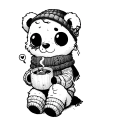 Beagoyle in a scarf drinking a hot beverage