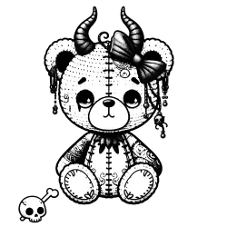 Amigurumi Beargoyle with a bow in her hair, earrings and horns, and little skull on the floor