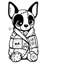 Cute dog stuffed animal with black spots curled up in a cozy patchwork blanket and slippers. He has a few stitches or scars on his head.