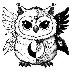 Owl with a moon on it's belly and two sets of wings. Left half light and right half dark.