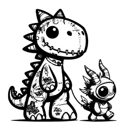 Tattooed spiked dinosaur walking a creature that has a fuzzy gargoyle costume on.