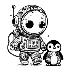 Graffitied astronaut helping a lost space penguin