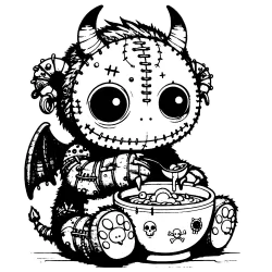 Gargoyle with a stitched trying to eat soup.