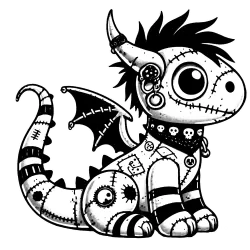 Pierced and tatted gargoyle dinosaur or dragon, with stripes and stitches.