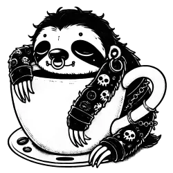 Cute sloth chained to a giant cup of coffee, relaxing on it