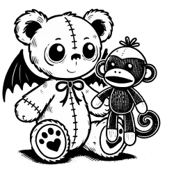 Bear with wings and sock monkey