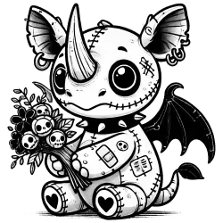 Rhino gargoyle with a bandaid and earrings giving flowers