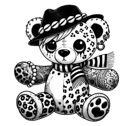 A leopard-print teddy bear with a black hat and a striped scarf.