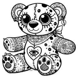 Jaguar teddy bear with tattoos, scars, and a bandana. Heart tattoo with an eye in it.