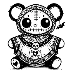 Teddy bear with a decorated poncho and a bat earring.