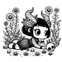 Girlish gargoyle in a field of flowers and skulls #1306
