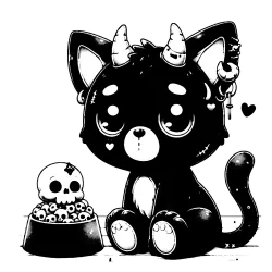 Black cat with horns eating skull kibble