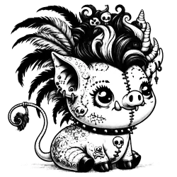 Tattooed pig with long hair and skull barrets