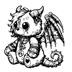 Tattooed teddy bear gargoyle with lacy wings and a dragon tail