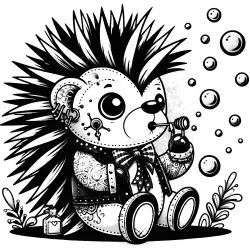 Cute hedgehog in a jacket blowing bubbles