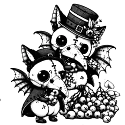 Bats in 18th century clothing and plague masks picking berries