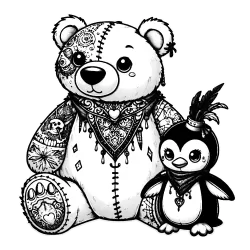 Teddy bear with a bandana and tattoos and his penguin friend with a feather hat.