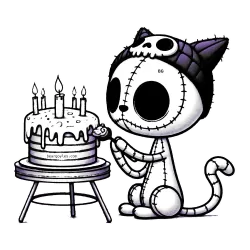 Skellie cat with a purple skull cap eating birthday cake with lit candles