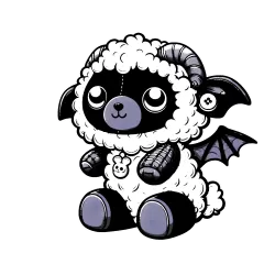 A black and white fluffy gargoyle sheep with a some buttons including a button shaped like a bunny. It has bat wings.