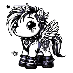 Pony with wings and a horn, a shaved eye brow, and strappy, spikey shoes. 