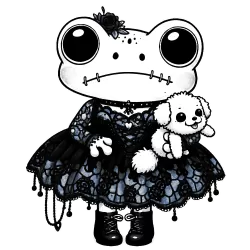 Gothy frog holding a fluffy white dog, wearing a black lacy dress and combat boots with a little flower in their hair.