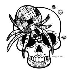 Patchwork spider on a sugar skull to color.