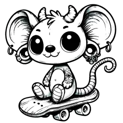 Finished art version of a beargoyle mouse named Scoot with double ear gauges, sitting on a skateboard.