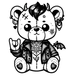 Bearclaw Robinson is wearing a jean jacket. He's a teddy bear with tiny horns and one wing showing the rock and roll hand sign. He's got a little scar on his head. 