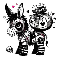 A patchwork striped and stitched donkey carrying a heavy bag full of pins with hearts on it.