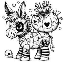 Patchwork donkey with a stitched sack on his back full of pins and needles and hearts.