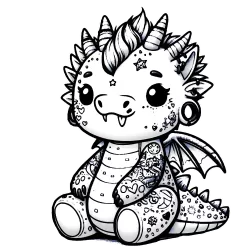 Dinogoyle #0137 has a tuft of hair, lots of stars and other other tattoos, gauged ears, and multiple horns, a happy expression and a snaggle tooth.