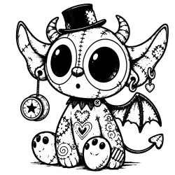 Yo-yo Jo is an impish gargoyle with a little patched top hat, horns, wings and a devil tail. He has large patched years and a yo-yo earring.