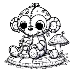Sock monkey on a mushroom pad with a little sock skellie