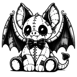 Stitched bat gargoyle with a bowtie.