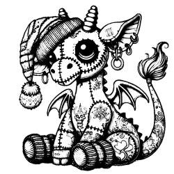Giraffe Gargoyle with a long beanie and socks, tattoos and piercings.
