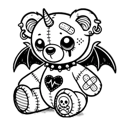 Heartbeat teddy bear gargole features a few cuts and bruises bandaged up, with a small horn in the middle of his head, wings, a spiked collar, and a little heart sewn on the front with a heart beat or pulse symbol on it. Thus image is ready to be downloaded and colored on your tablet or coloring device.