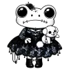 Gothy frog holding a fluffy white dog, wearing a black lacy dress and combat boots with a little flower in their hair.