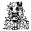 Skellie traveler with luggage, and a bird nest in her long hair.