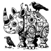 Robotic rhino with black bird friends