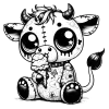 Adorable young cow with horns and tattoos eating an ice cream cone.